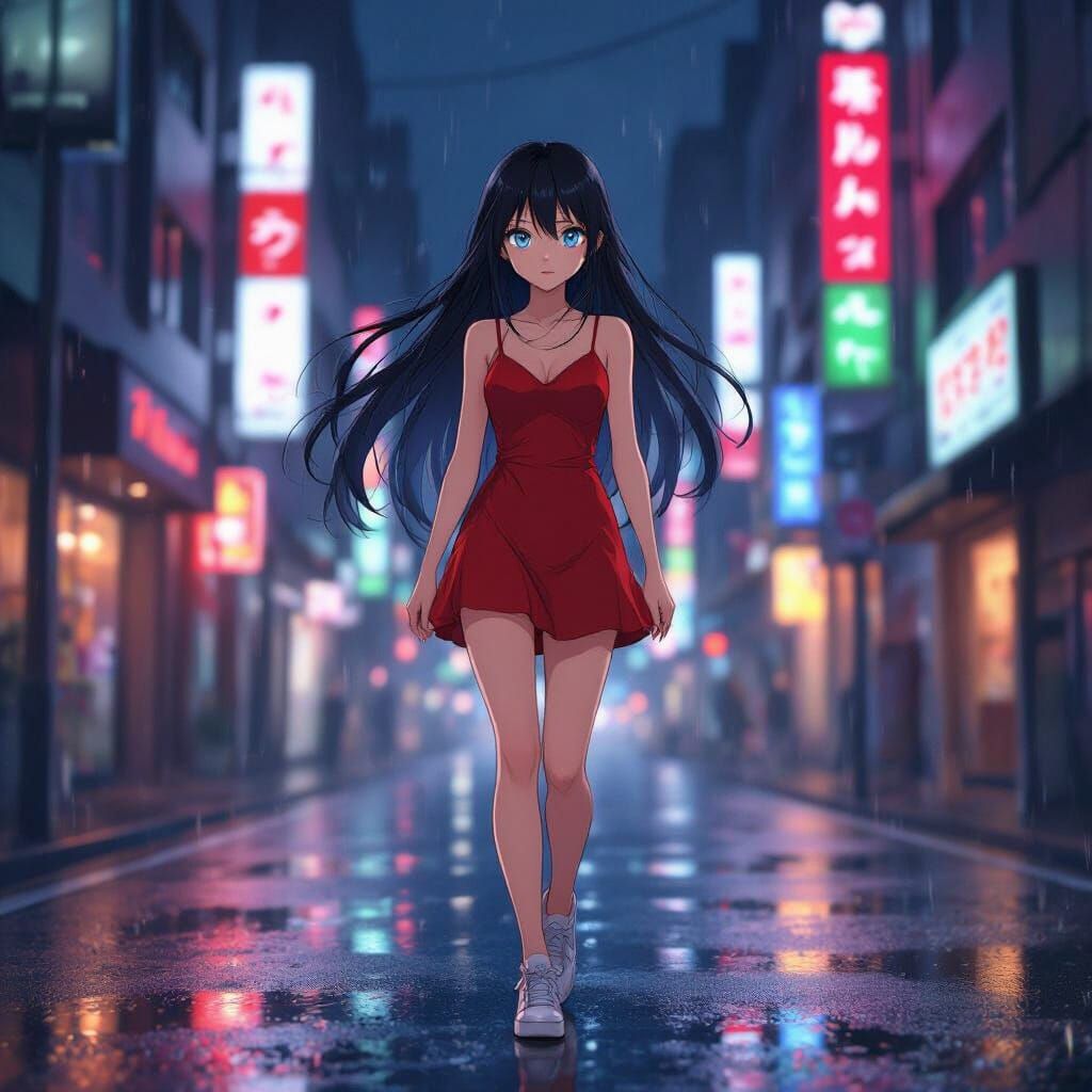Anime Girl in Red Dress Walks Rainy City Street