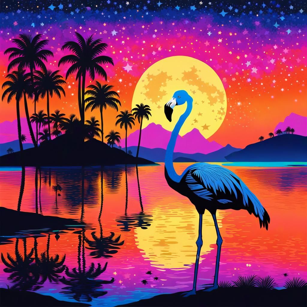 Neon Flamingo Silhouette at Sunset in Ukiyo-e Style