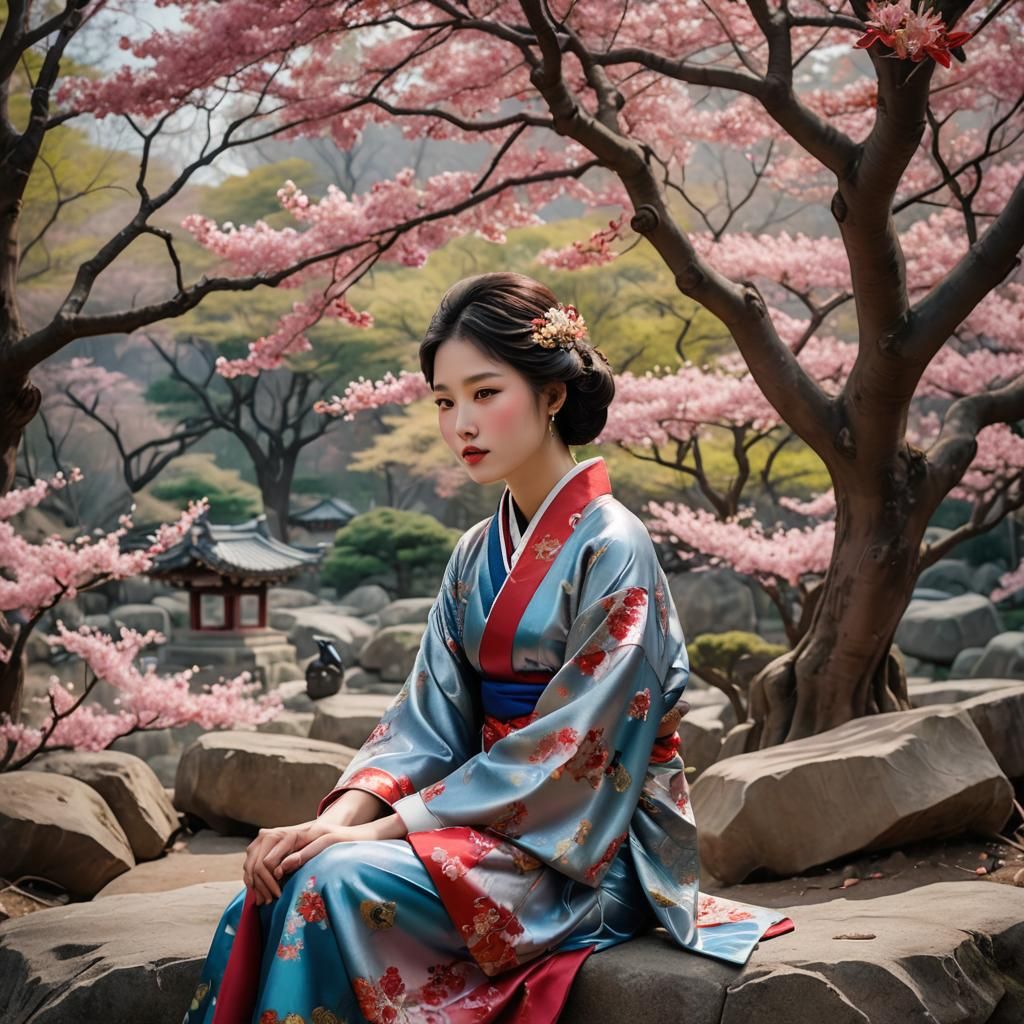 Korean Woman Under Sakura Trees in Golden Light
