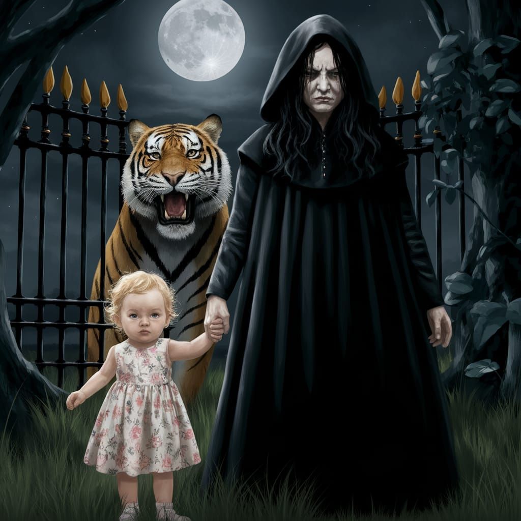 Little Girl in Dark Forest with Older Woman and Tiger