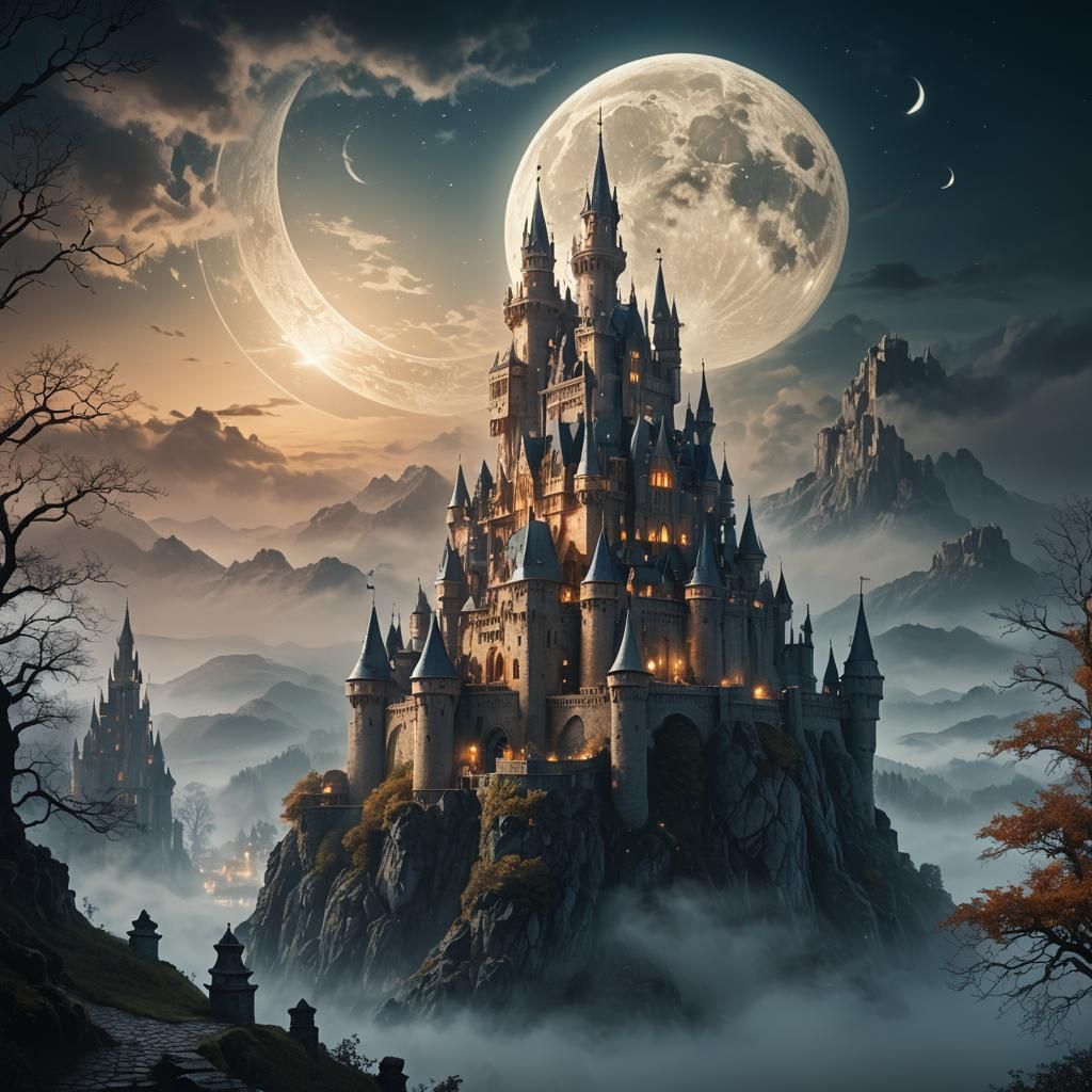 Mystical Castle Shrouded in Mist: Fantasy Concept Art