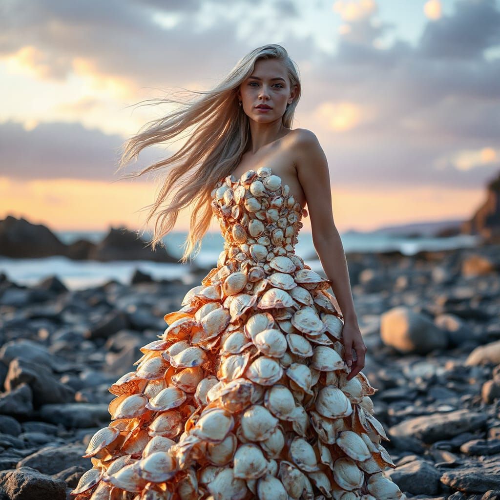 Beautiful Woman wearing Haute Couture Seashell Fashion