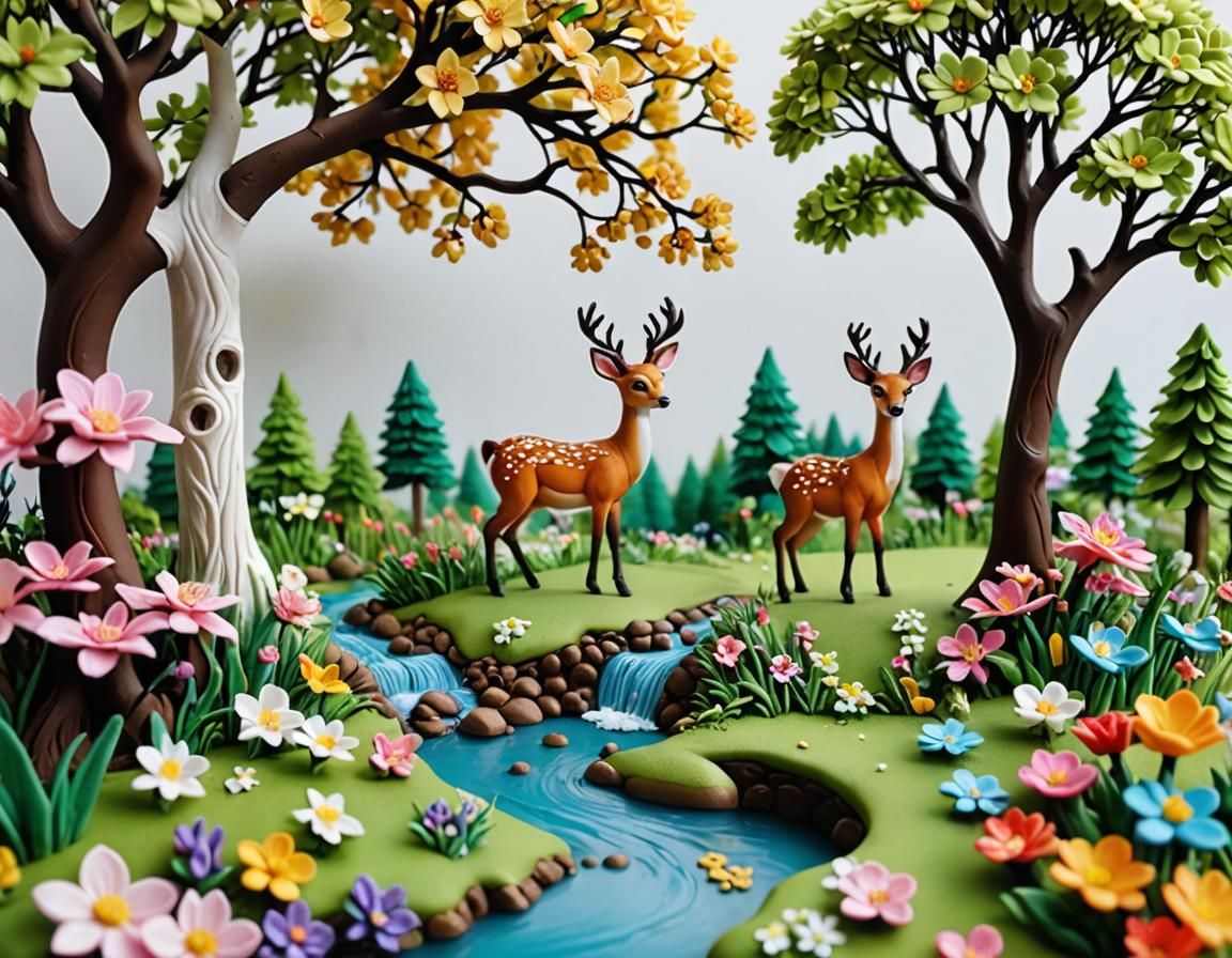 Polymer Clay Diorama with Tree and Deer