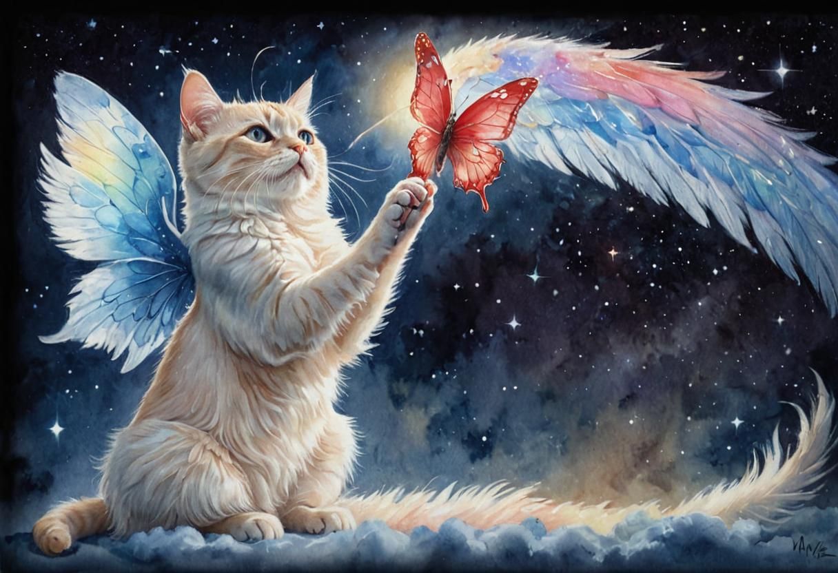 Watercolor Cat with Angel Wings and Butterfly