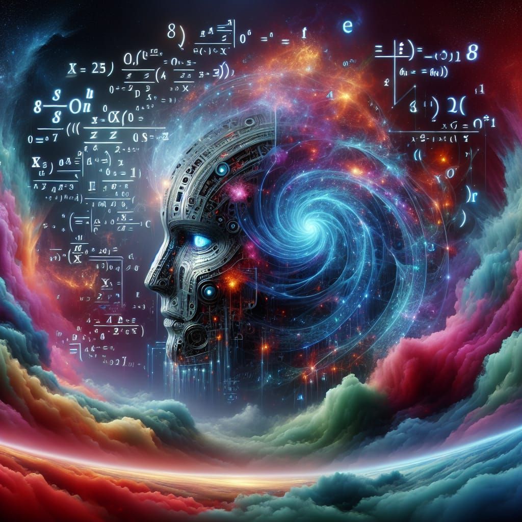 Cyberpunk Robotic Mind with Swirling Math Equations