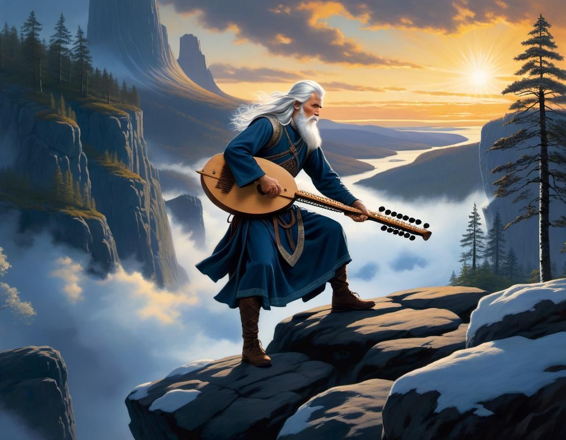 Väinämöinen, the legendary Finnish hero from Kalevala, stands atop a rocky cliff.