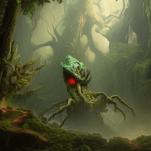 Gorgon in Forest: Detailed Matte Painting
