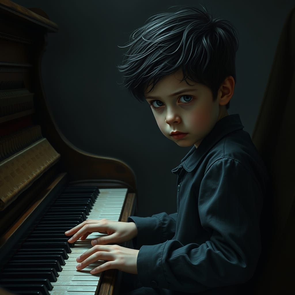 Melancholy Boy Wizard at Piano in Magical Realism