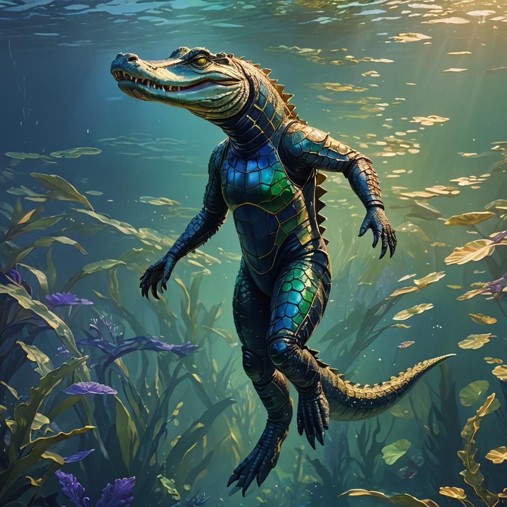 Humanoid Alligator Swims Underwater in Detailed Digital Pain...