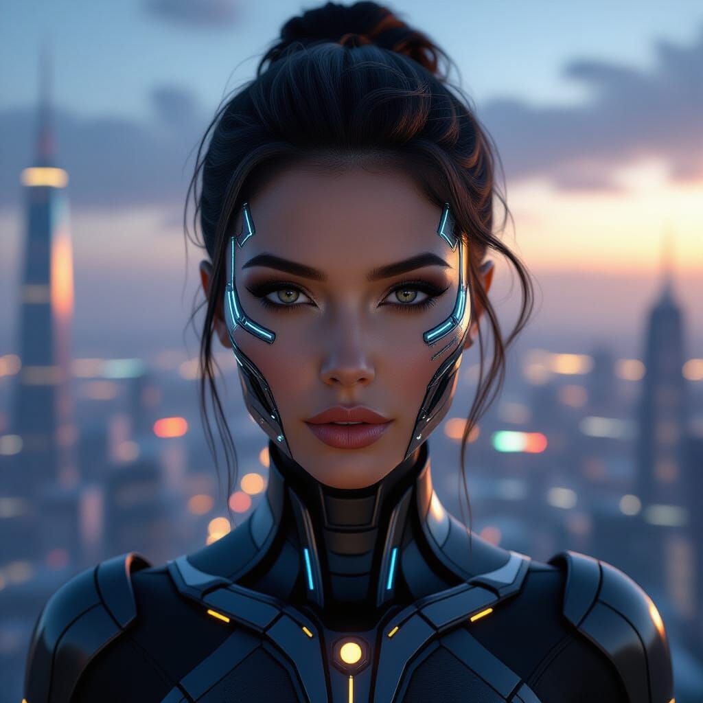 Cybernetic Woman in Futuristic Cityscape