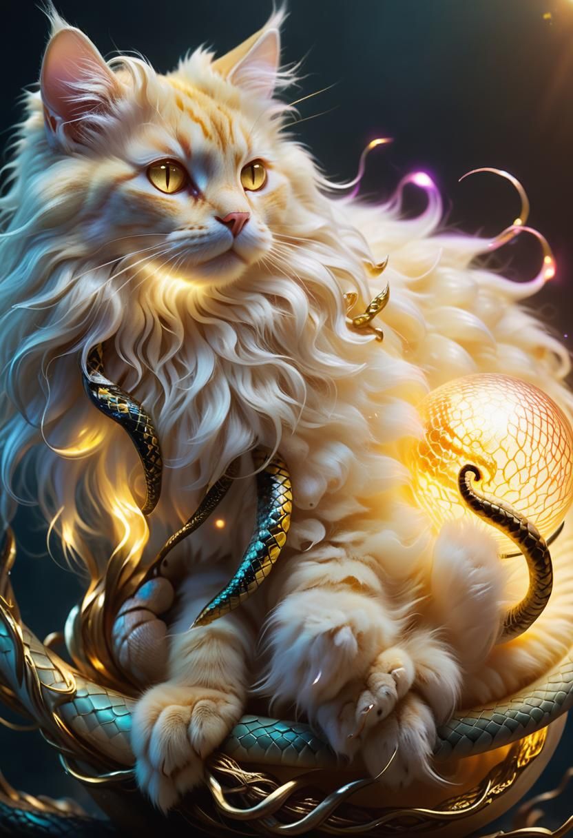 Mystical Kitty-Snake Hybrid on Glowing Orb