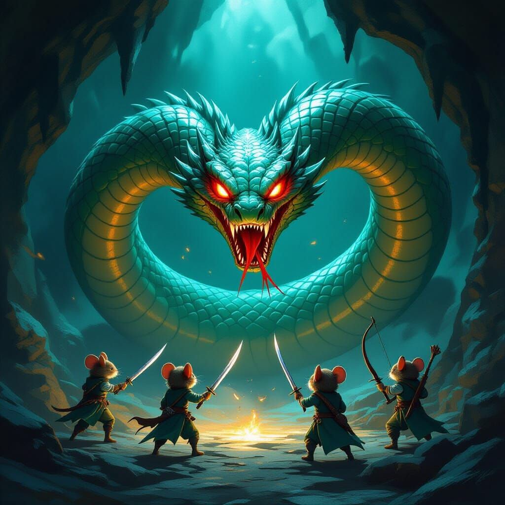 Demonic Viper Battles Brave Mouse Adventurers in Fantasy Lai...