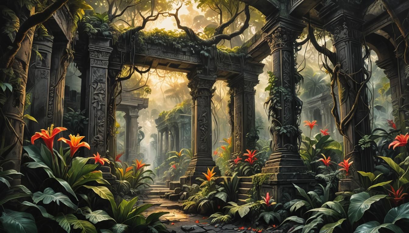 Baroque Jungle Ruins in Charcoal with Chiaroscuro