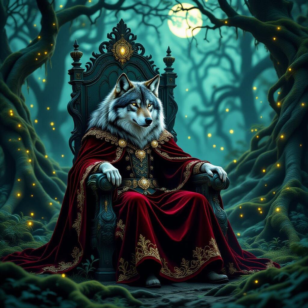 Wolf King in Velvet Cloak on Moss Throne