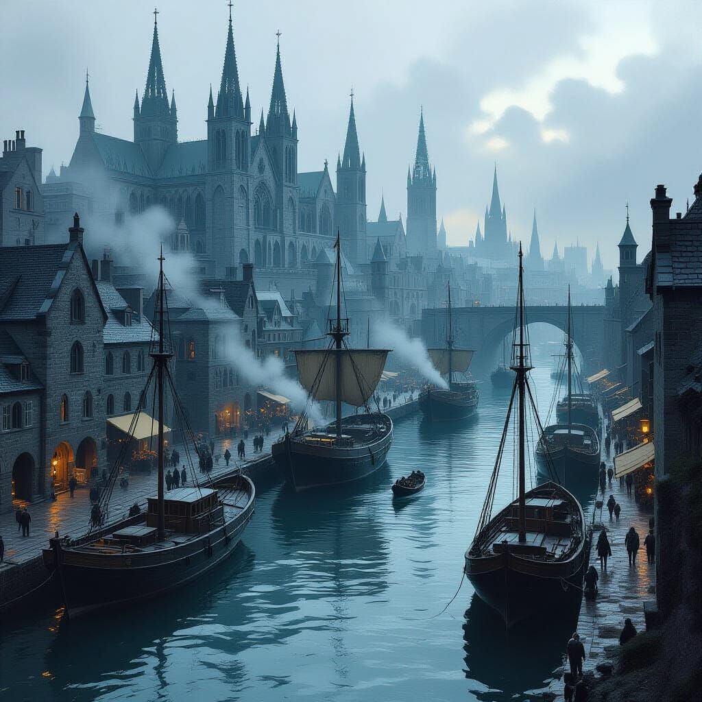 Bustling 17th Century River Port in Retro Sci-Fi Style