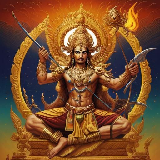 Rama Stands Before Burning Lanka: Vibrant Oil Painting