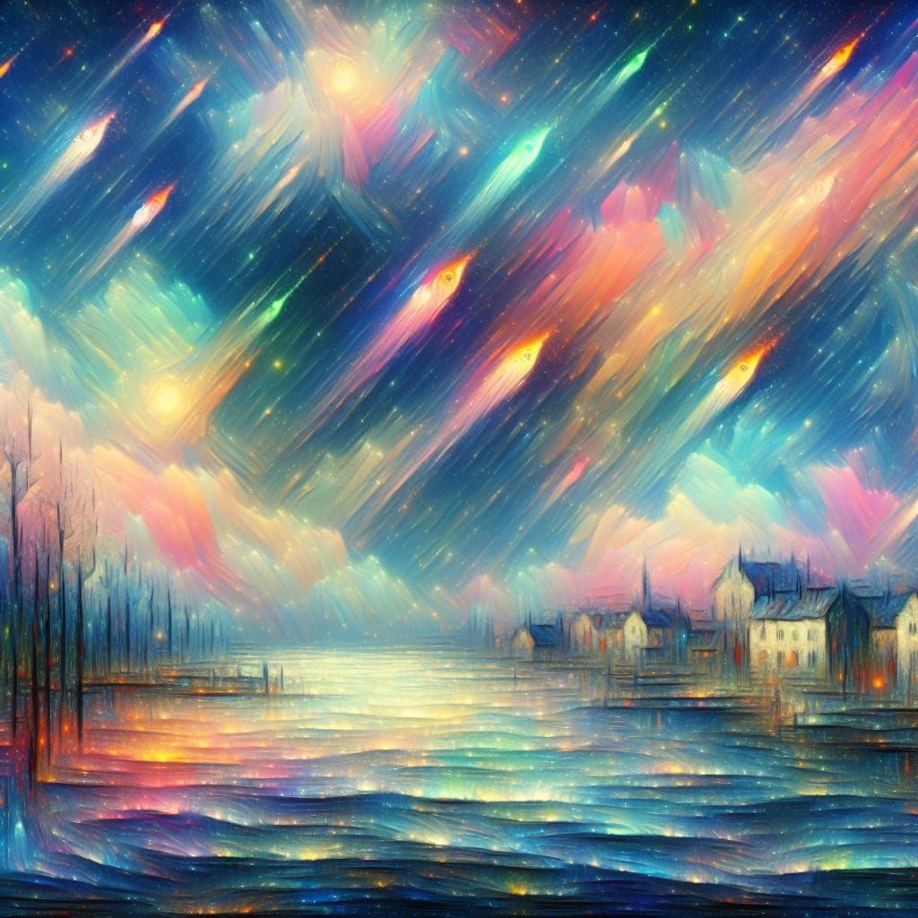 Dreamlike Town with Floating Fish in Post-Impressionist Styl...