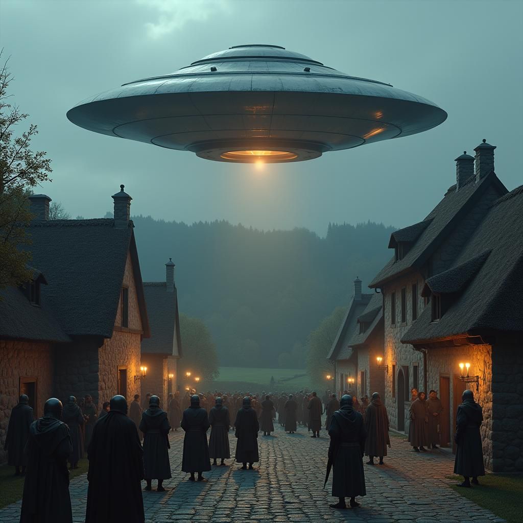 Medieval Village Encounter with Metallic Flying Saucer