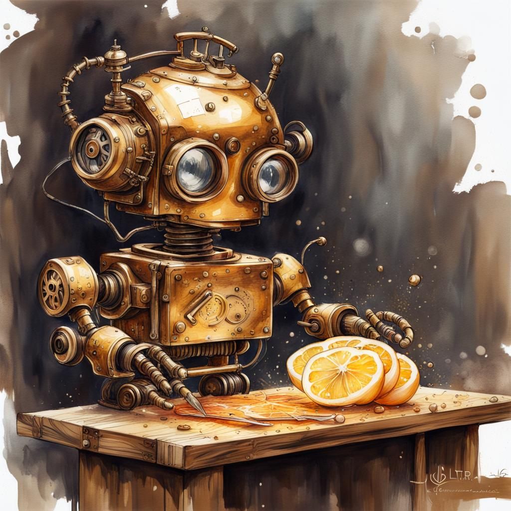 Steampunk Robot Chef Slicing Onions: Hyperrealistic Watercol...