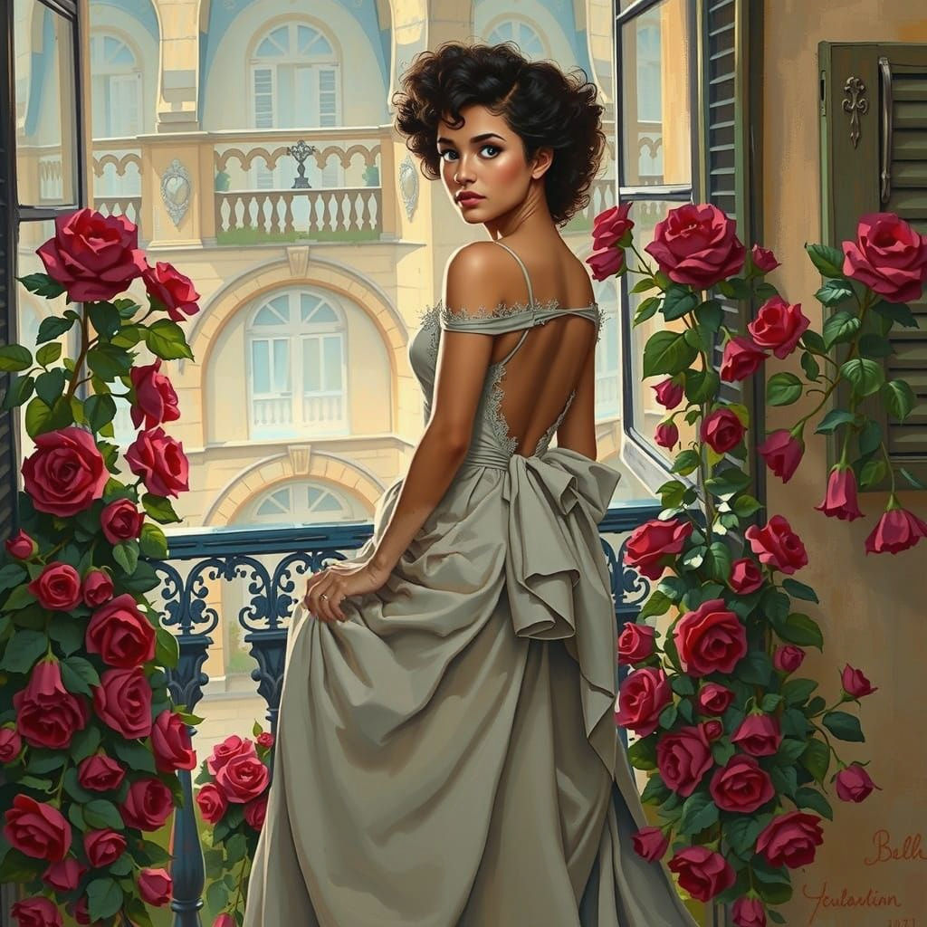 Latina Woman on Parisian Balcony in Rococo Style