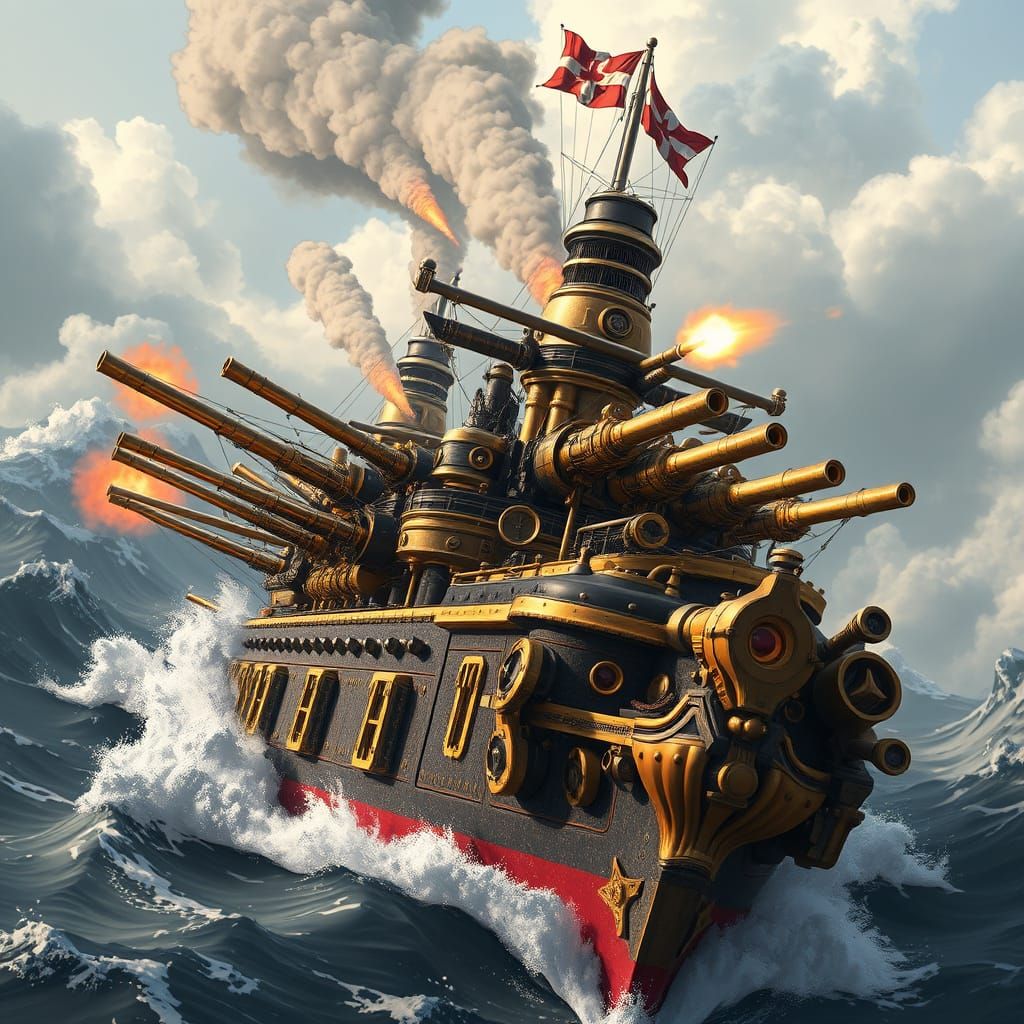 Steampunk Battleship in Turbulent Skies: 3D Concept Art