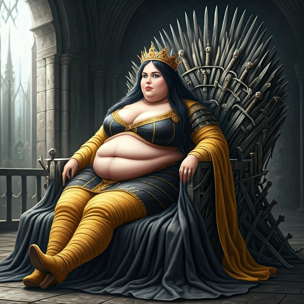 Fat Queen Lays on Medieval Throne of Swords