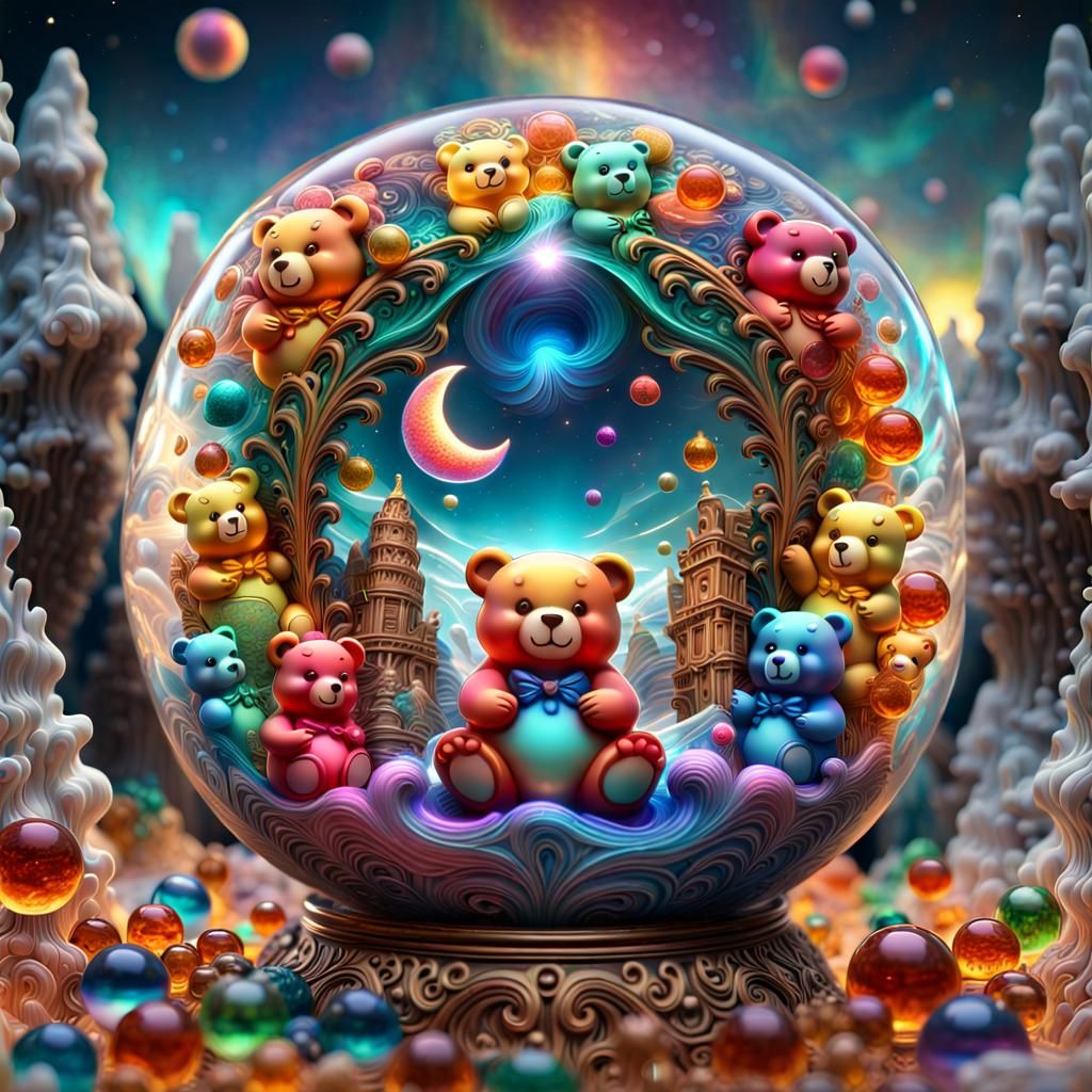 Glass Orb of Angels and Gummi Bears in 8k