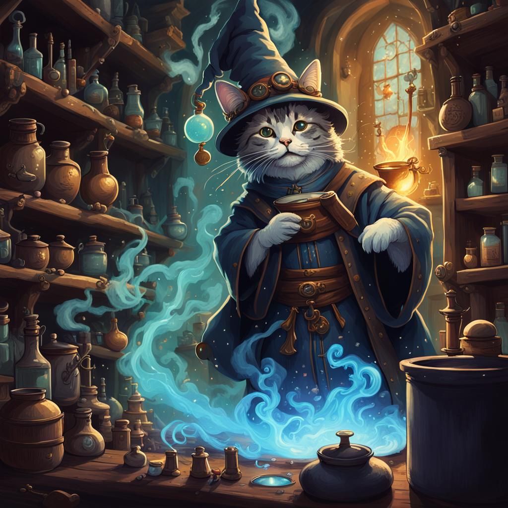 Alchemist's Lab with Cat Wizard, Watercolor Illustration