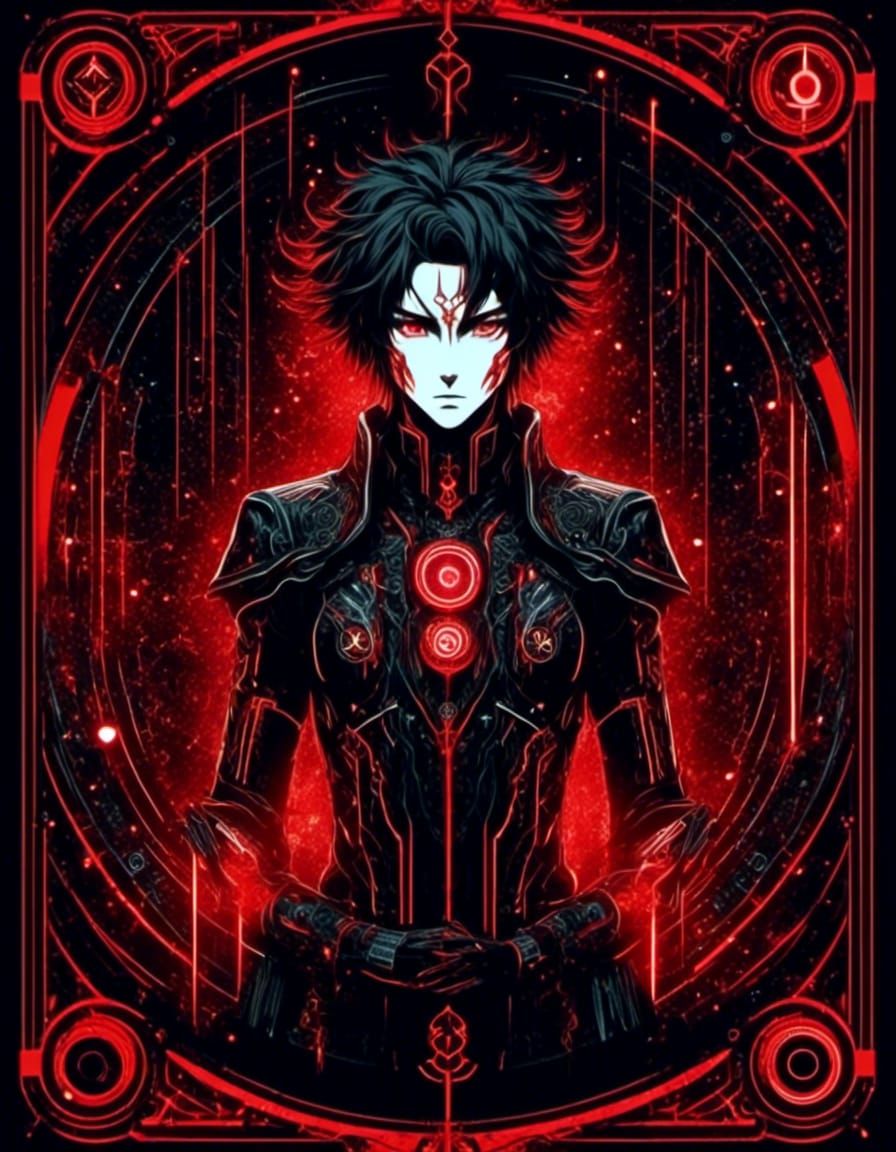 Anime Tarot: The Fool, TRON inspired, face up, 8K resolution Red, black withwhite <lora:Glowing runes dark:1.0> <lora:Gr...