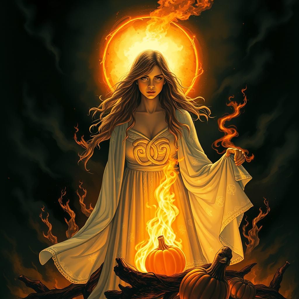 Mystical Woman at Samhain Bonfire in Dreamlike Style