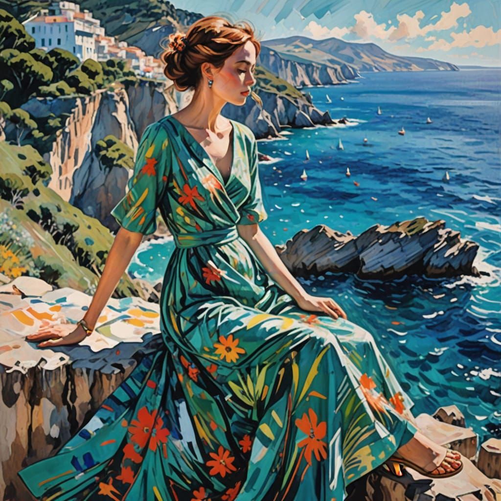 Vibrant Woman Relaxing on Capri Beach in Neurographic Ink St...