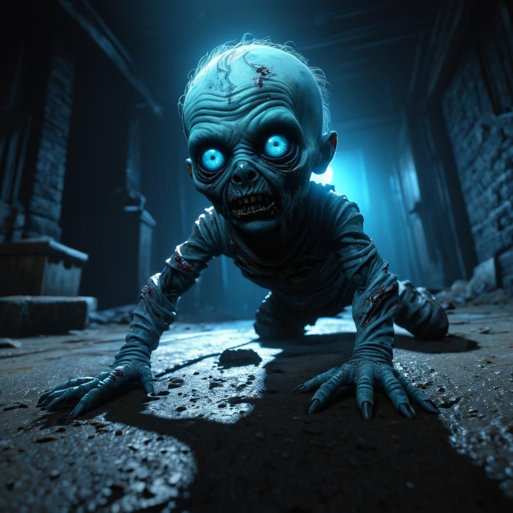 Creepy Zombie Baby Crawling in Dirty Basement