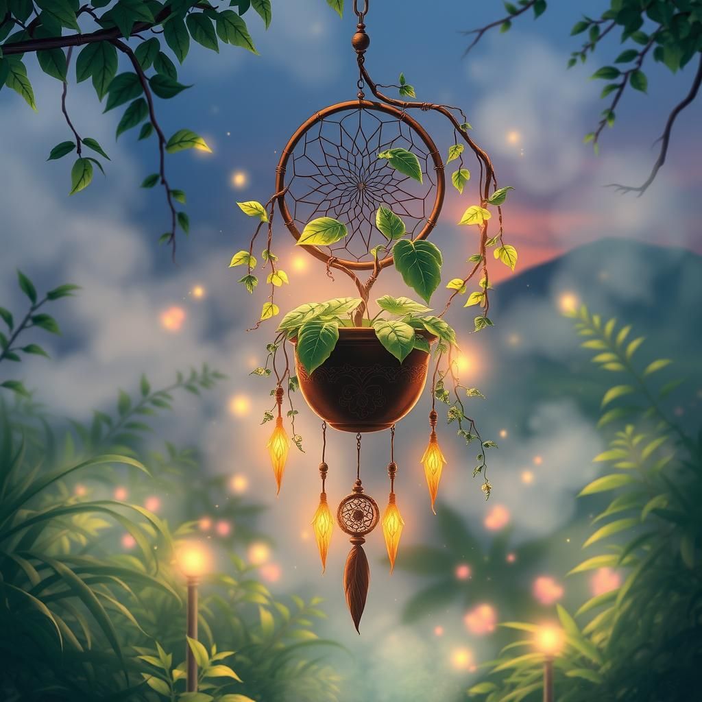 Pot Leaf Dreamcatcher in Lush Twilight Garden