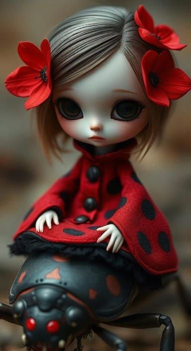 Stylized Doll-like Figure with Red Flower, Fantasy Steampunk...