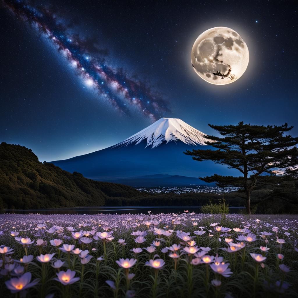 Milky Way and Full Moon over Mount Fuji