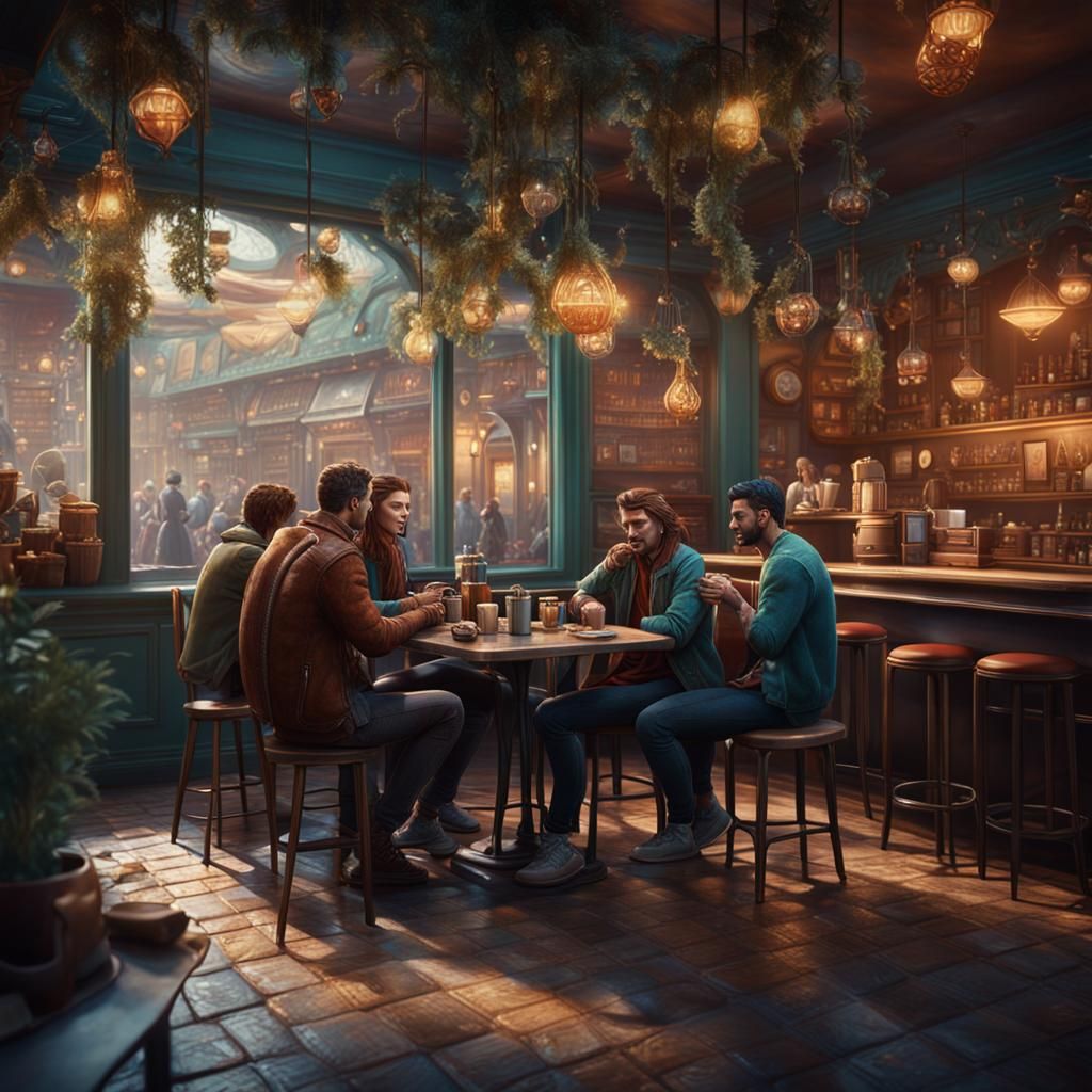 Friends Enjoying Coffee in Cafe: Fantasy Concept Art