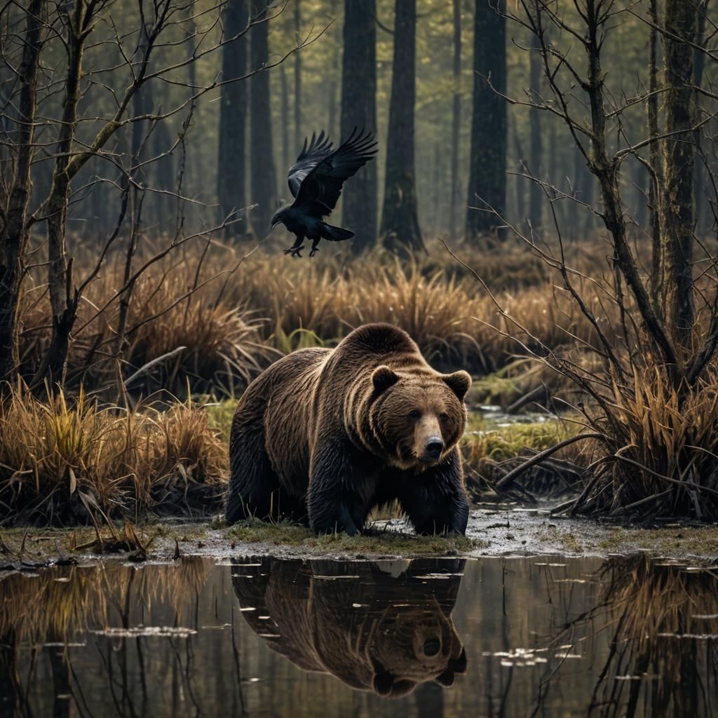 Brown Bear and Raven in Swamp Photograph