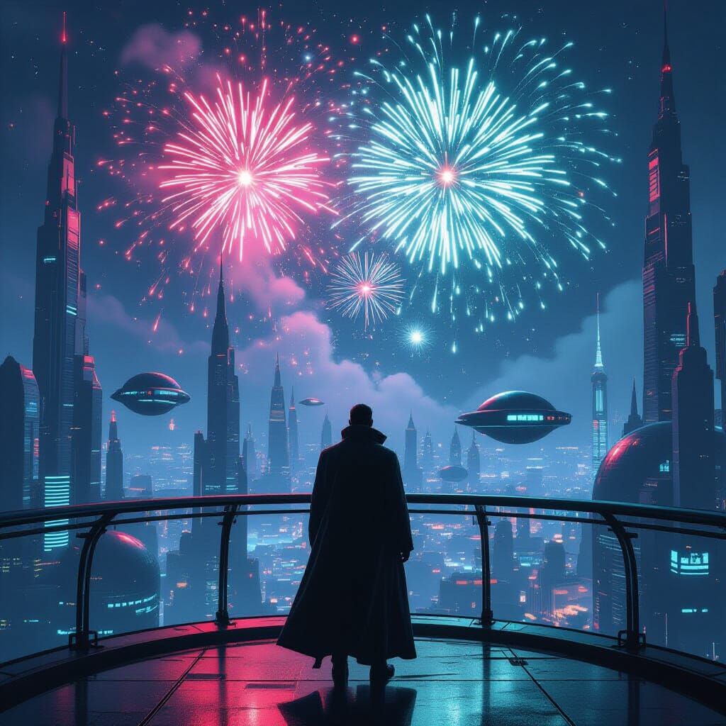 Retro Sci-Fi Figure Gazing at Fireworks Display