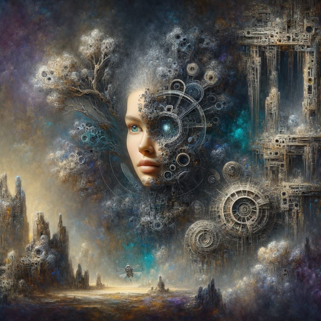 Biomechanical Woman in Surreal Alien Landscape