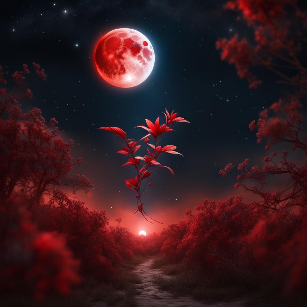 Flying Plant Under Blood Moon: Digital Matte Painting