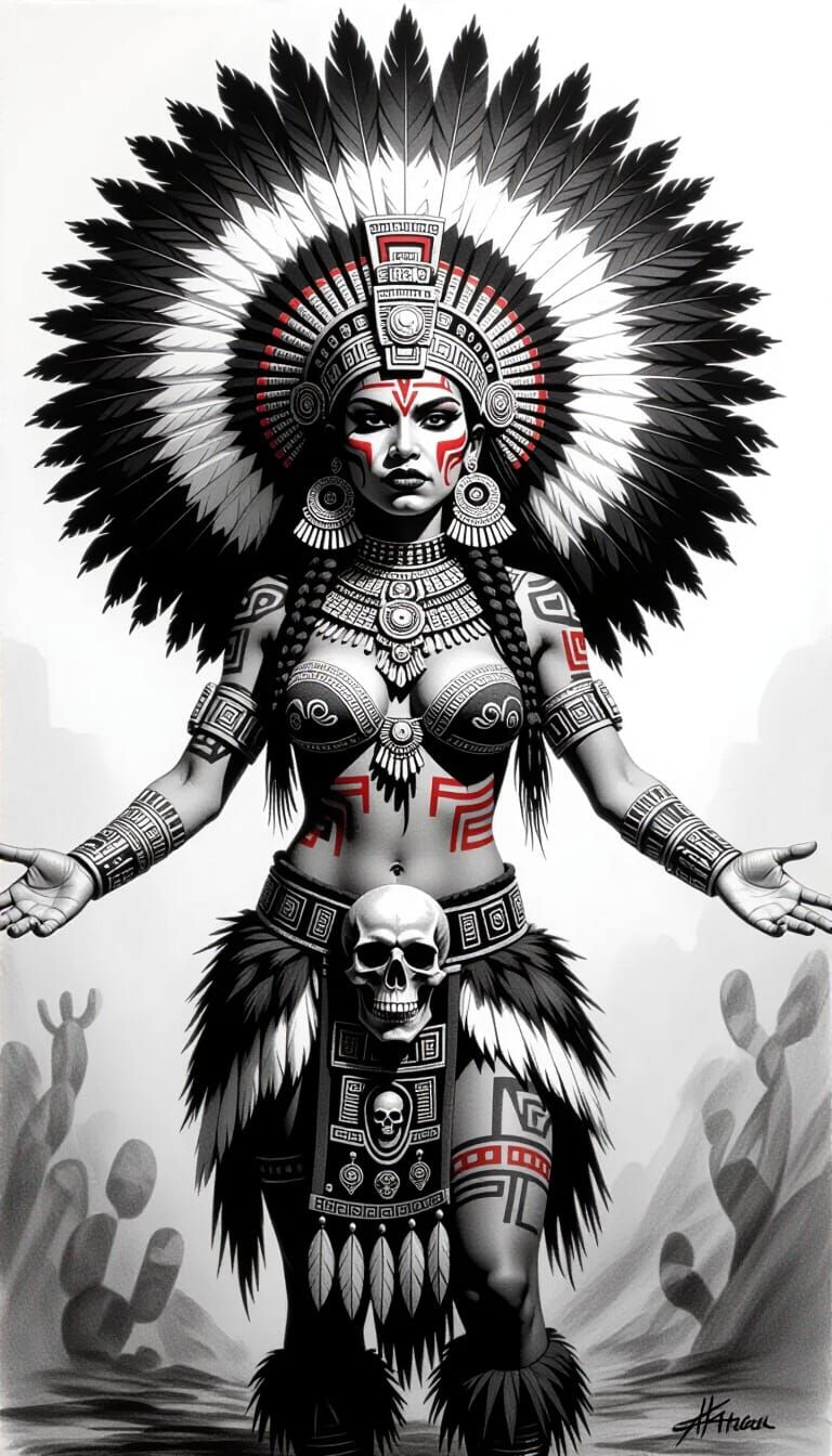 Aztec Goddess Charcoal Drawing with Feathered Headdress