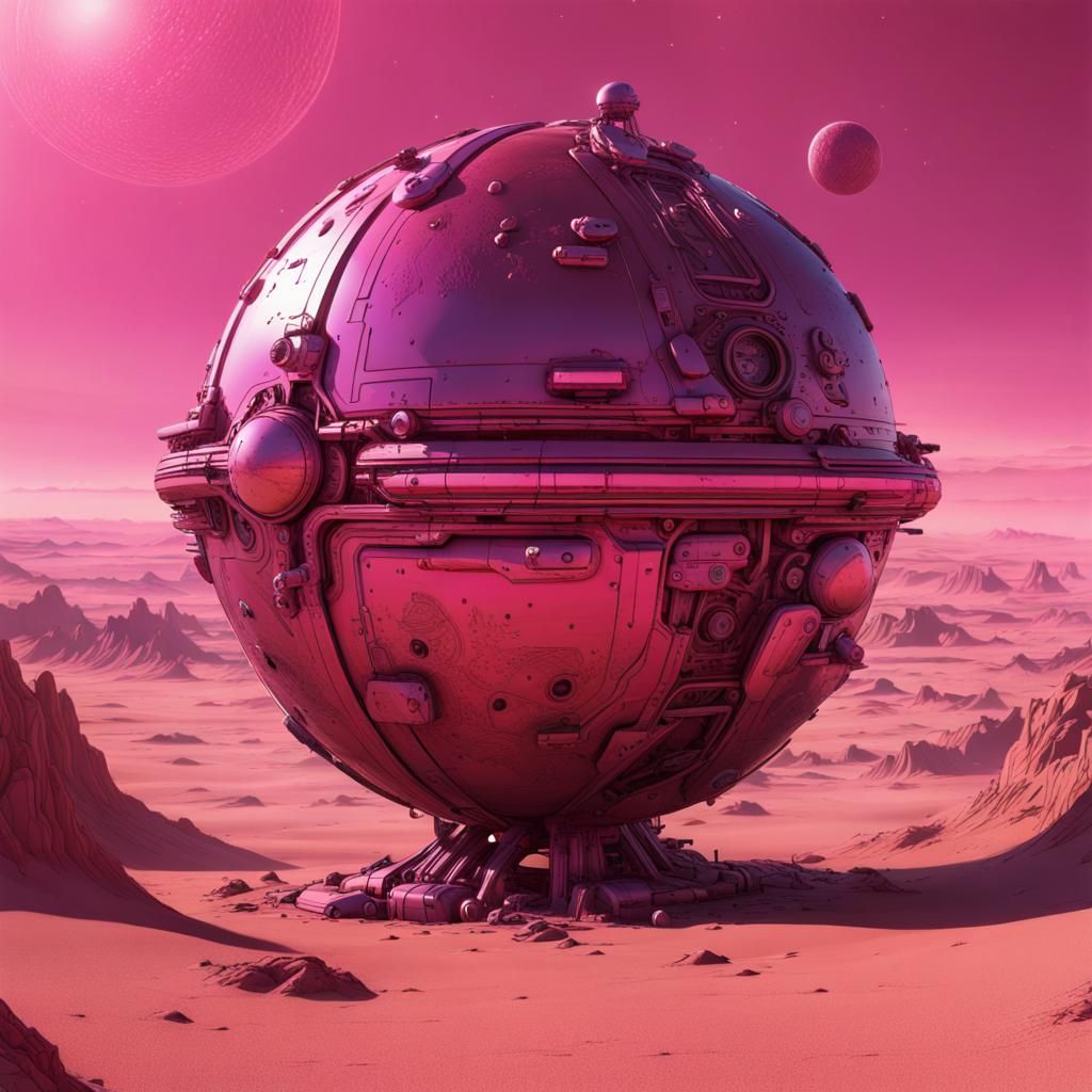 Mechanical Sphere Over Pink Desert, Moebius Style