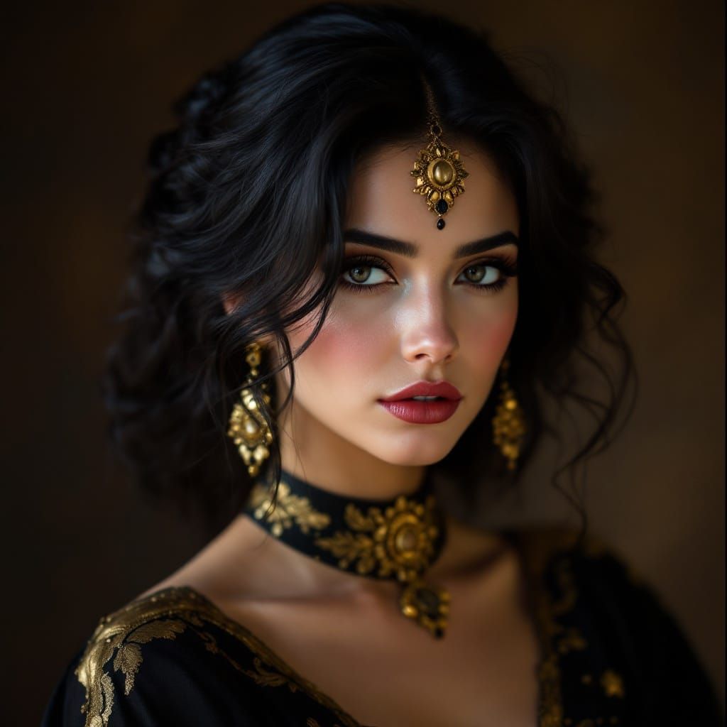 Beautiful young woman portrait, black hair wearing black and...