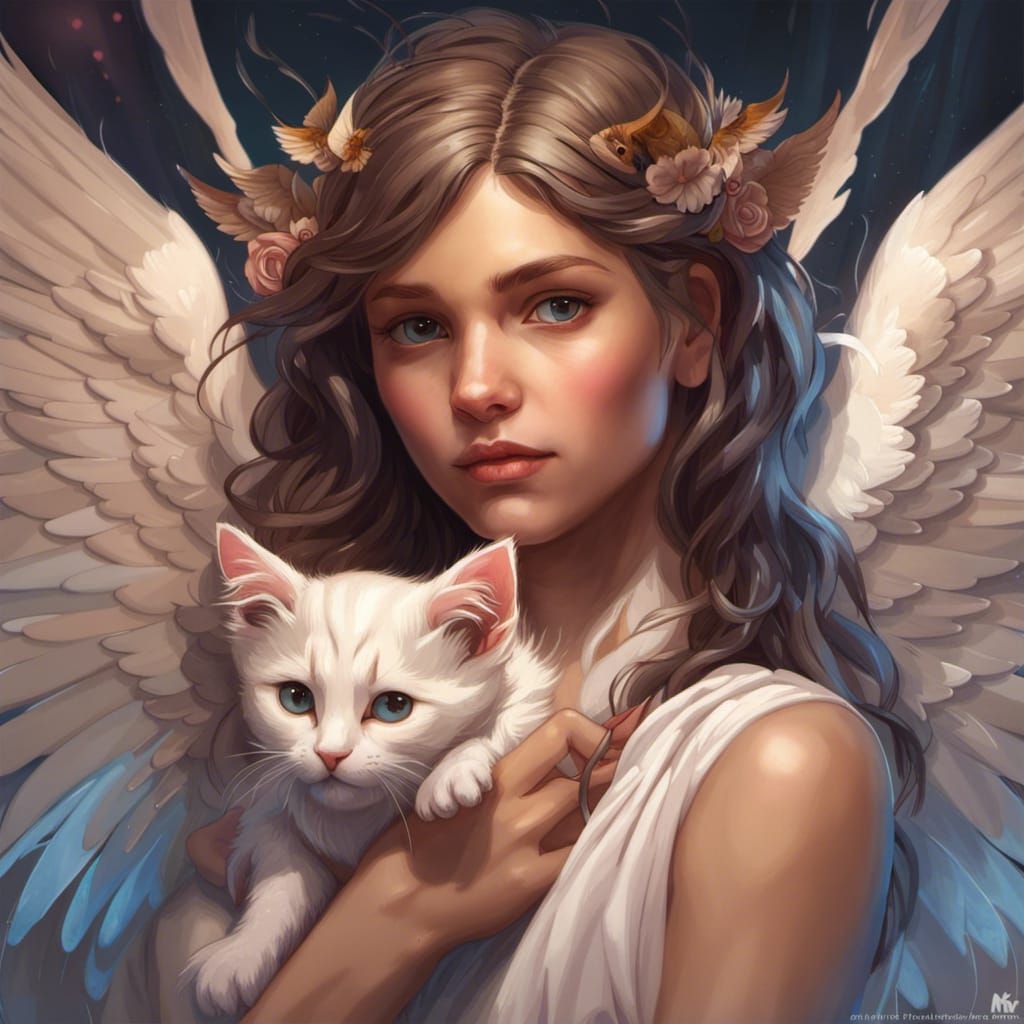 Angel Holding Kitten: Hyperdetailed Concept Art Portrait
