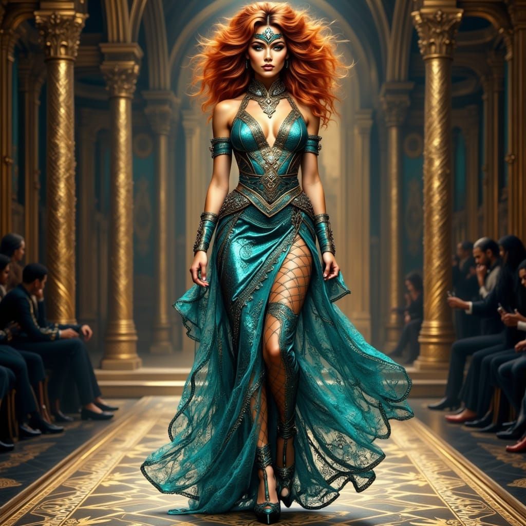 Red-Haired Woman on Catwalk in Alphonse Mucha Style