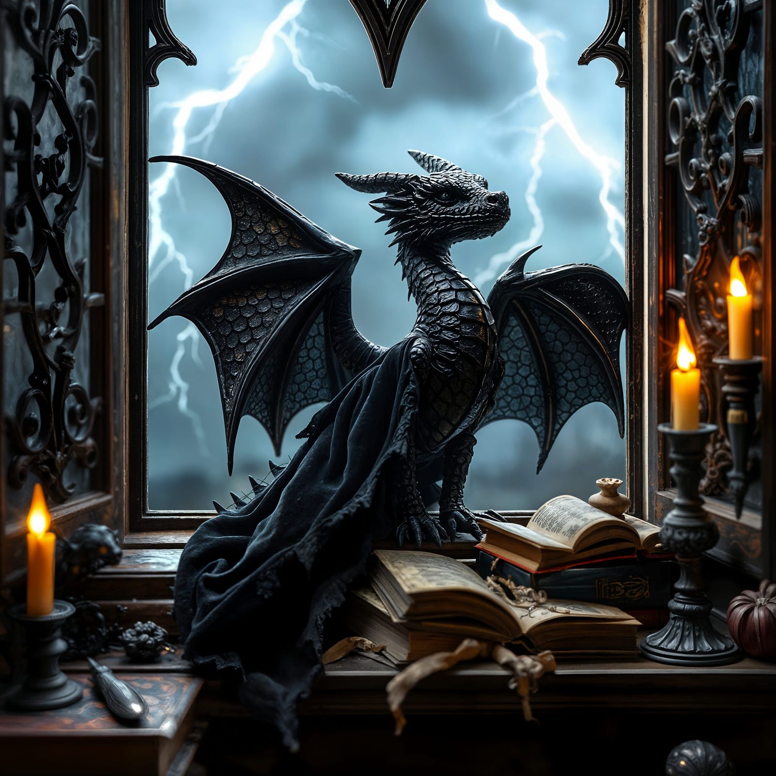 Miniature Obsidian Dragon Gazing at Stormy Sky