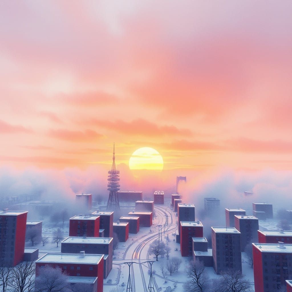 Pastel Sunrise Over a Dreamlike Winter Cityscape