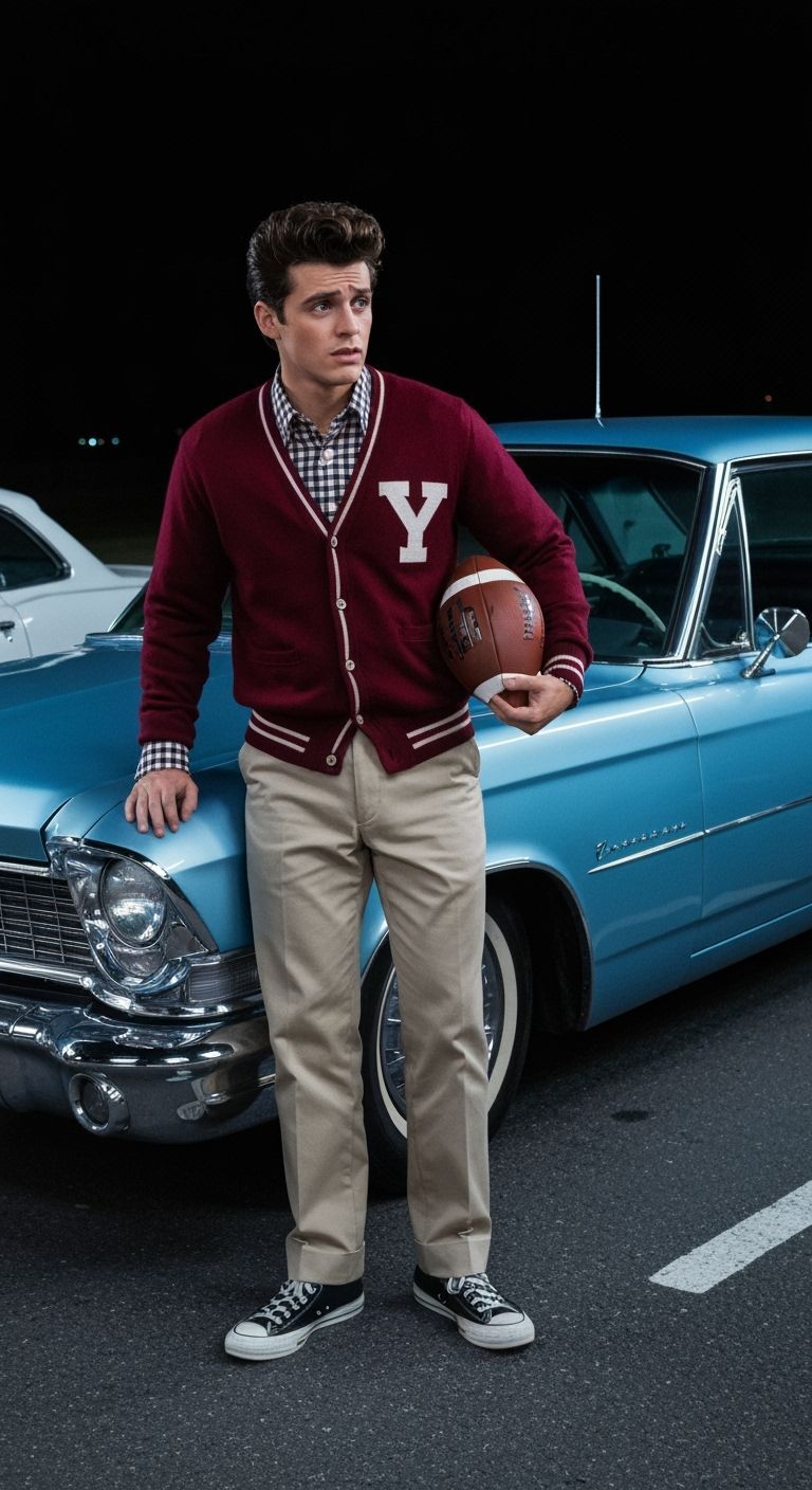 Grease-Inspired Man with Cadillac, Hyperrealistic Cinematic ...