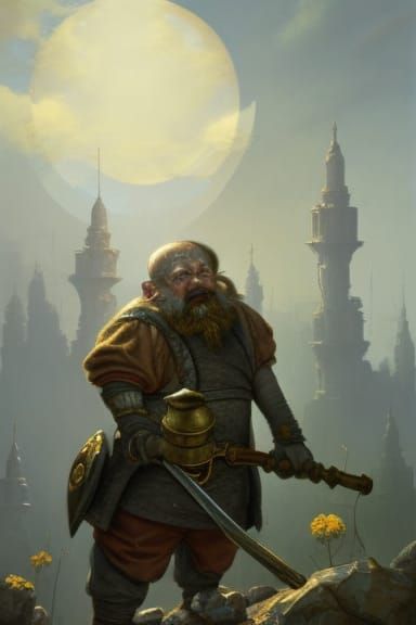 Dwarf Resting After Dragon Battle in Grisaille Style