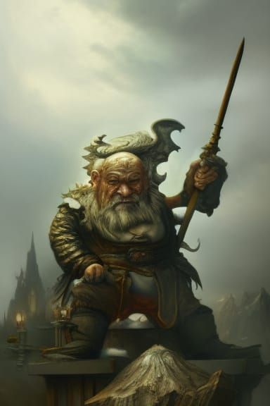 Dwarf Resting After Dragon Battle, in Grisaille Style